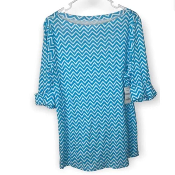 Kim Rogers Tops - Kim Rogers Woman's XL Aqua And White Chevron Cuff Shirt Sleeve Hardware NWT